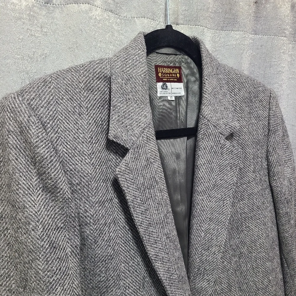 Vtg Harrington Square‎ Herringbone Tweed Wool Blend Blazer 10 Hong Kong